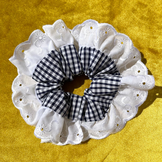 Large Navy Gingham Scrunchie with Broderie Trim