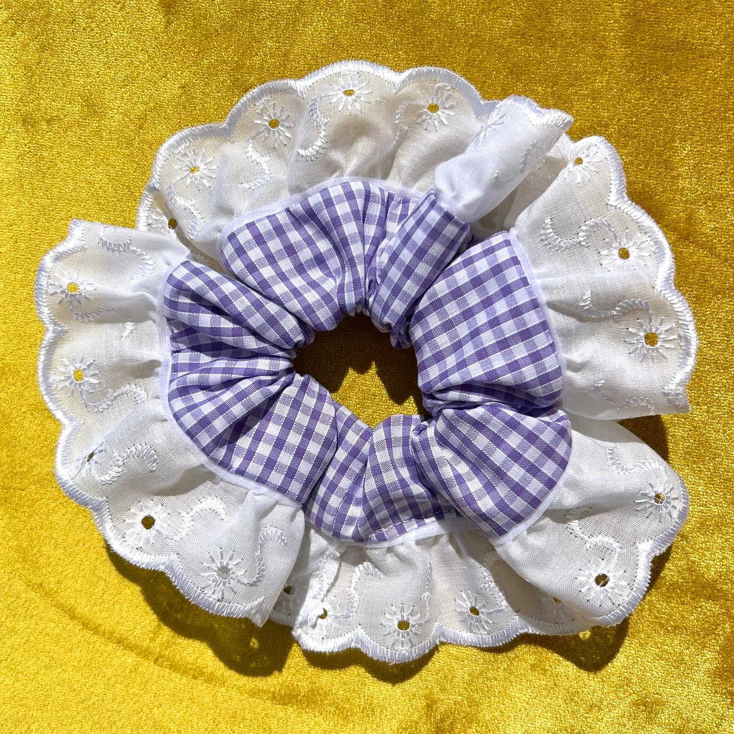 Large Lilac Gingham Scrunchie with Broderie Trim