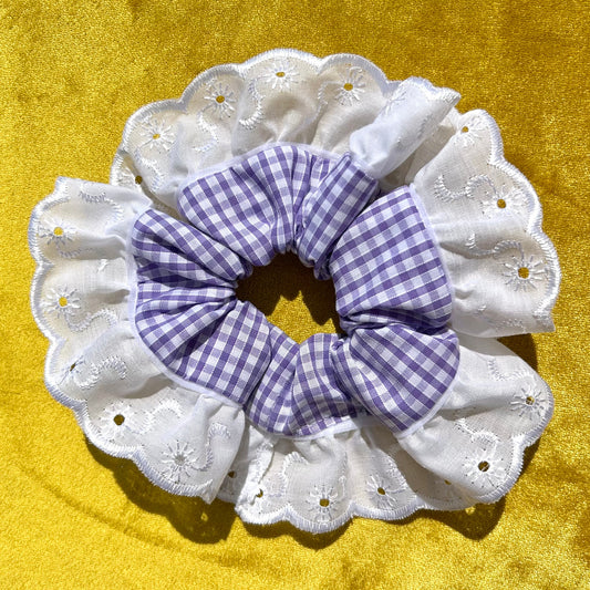 Large Lilac Gingham Scrunchie with Broderie Trim