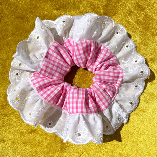 Large Pink Gingham Scrunchie with Broderie Trim