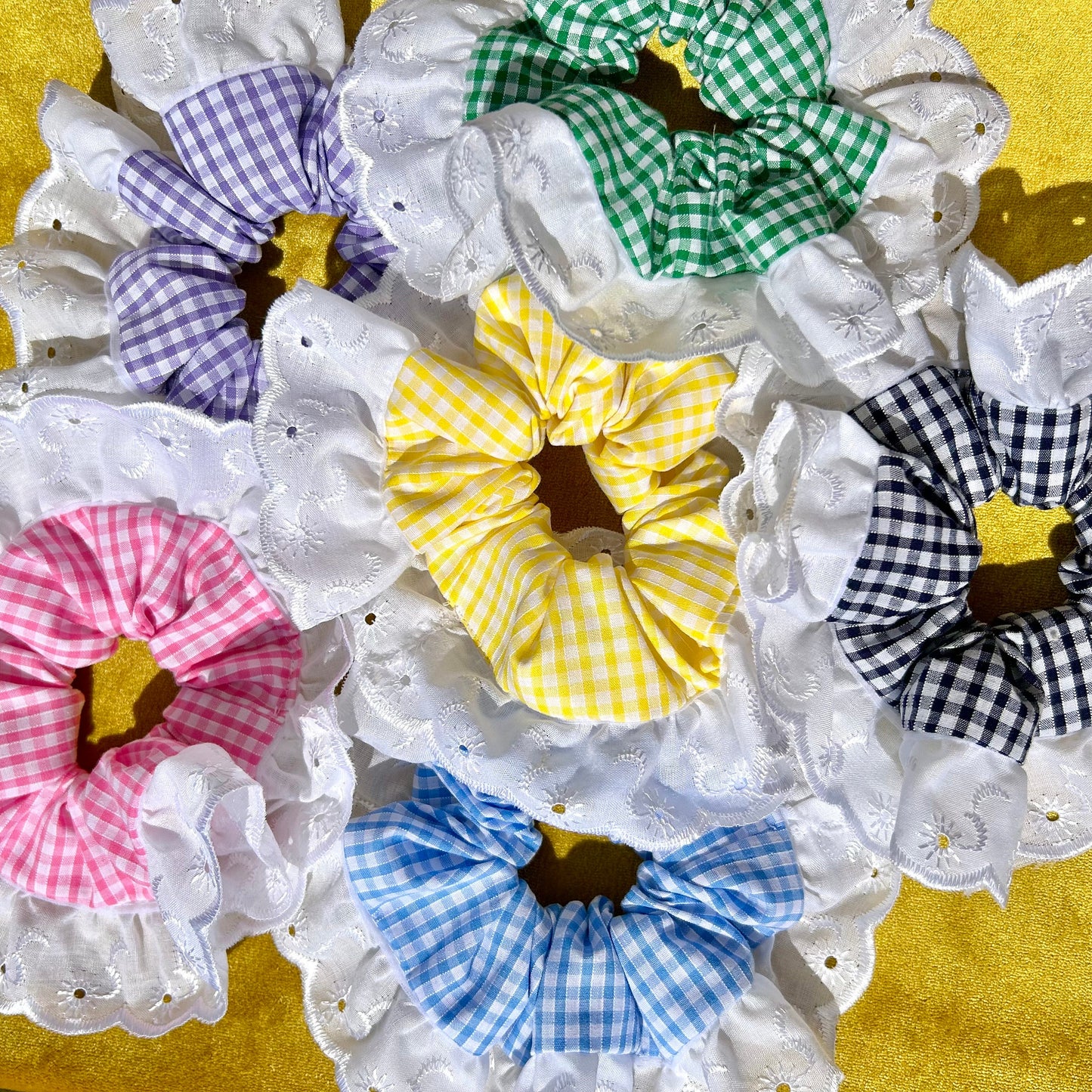 Large Light Blue Gingham Scrunchie with Broderie Trim