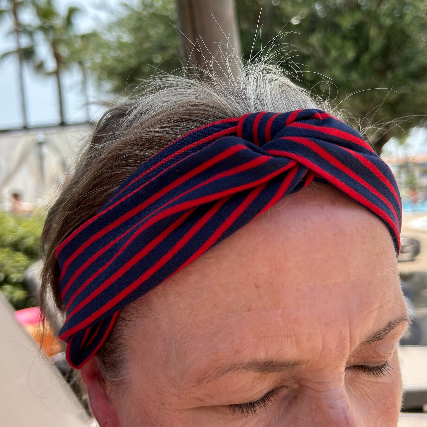 Navy Blue and Red Striped Jersey Headband