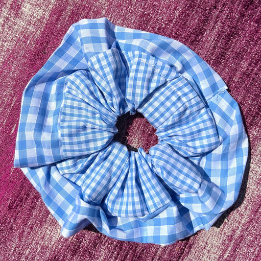 Large Light Blue Gingham Scrunchie with Wider Gingham Trim