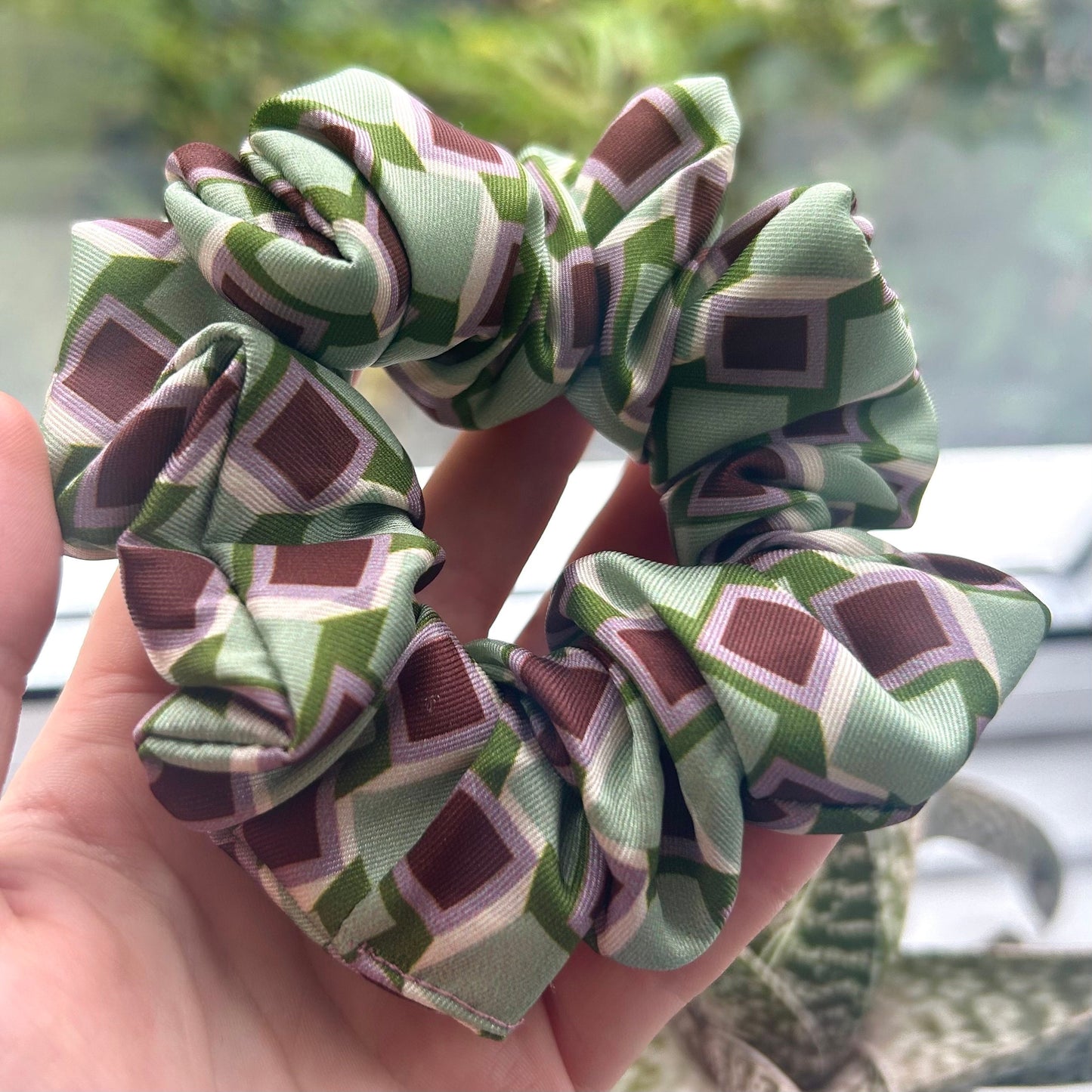 Green Geometric Pattern Satin Scrunchie
