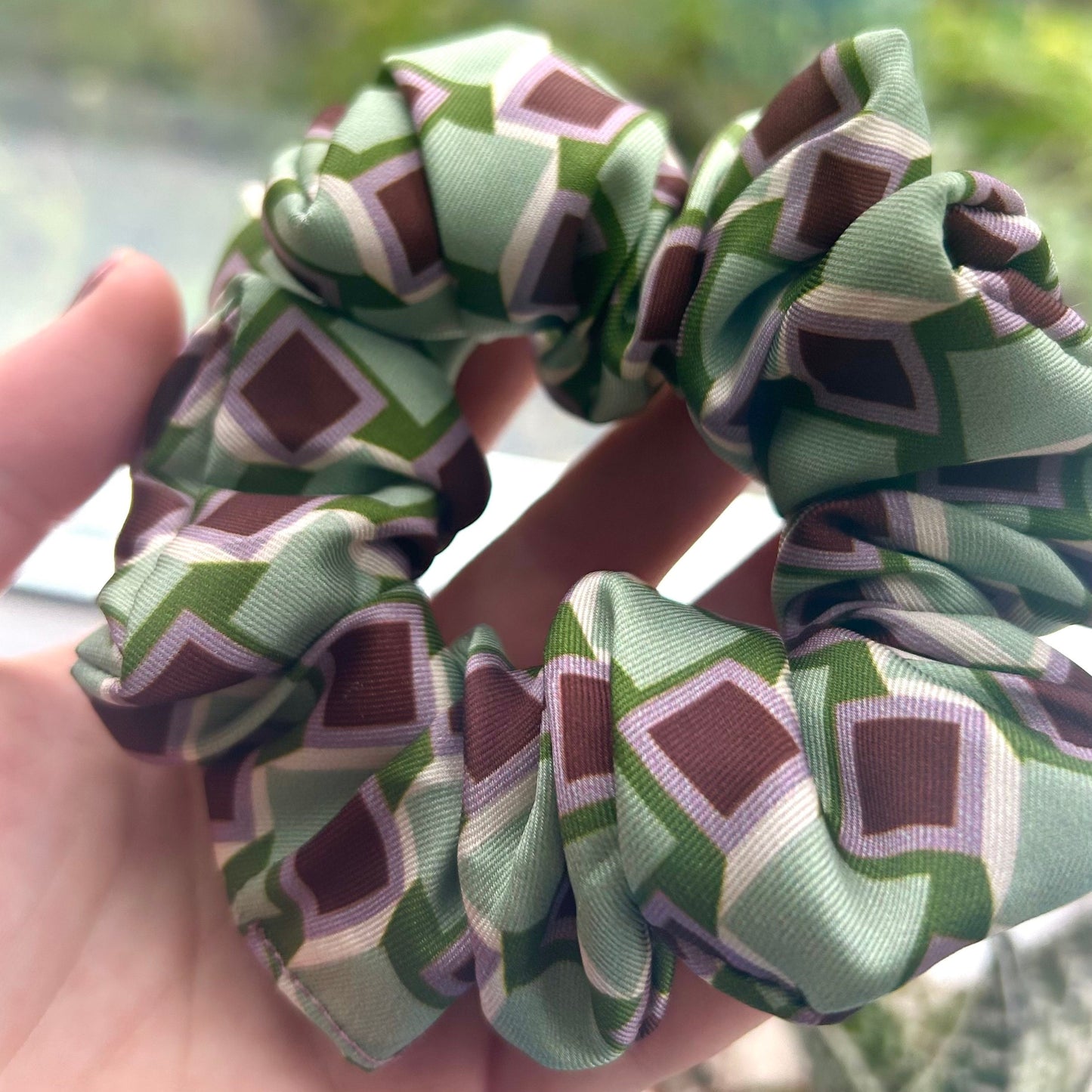 Green Geometric Pattern Satin Scrunchie