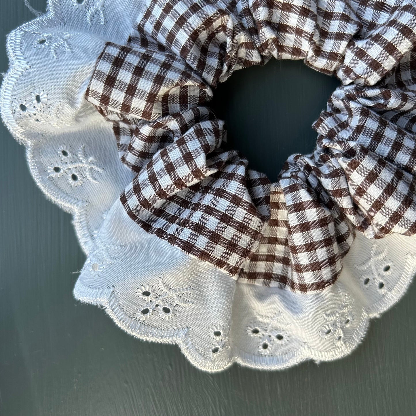 Large Brown Gingham Scrunchie with Broderie Trim