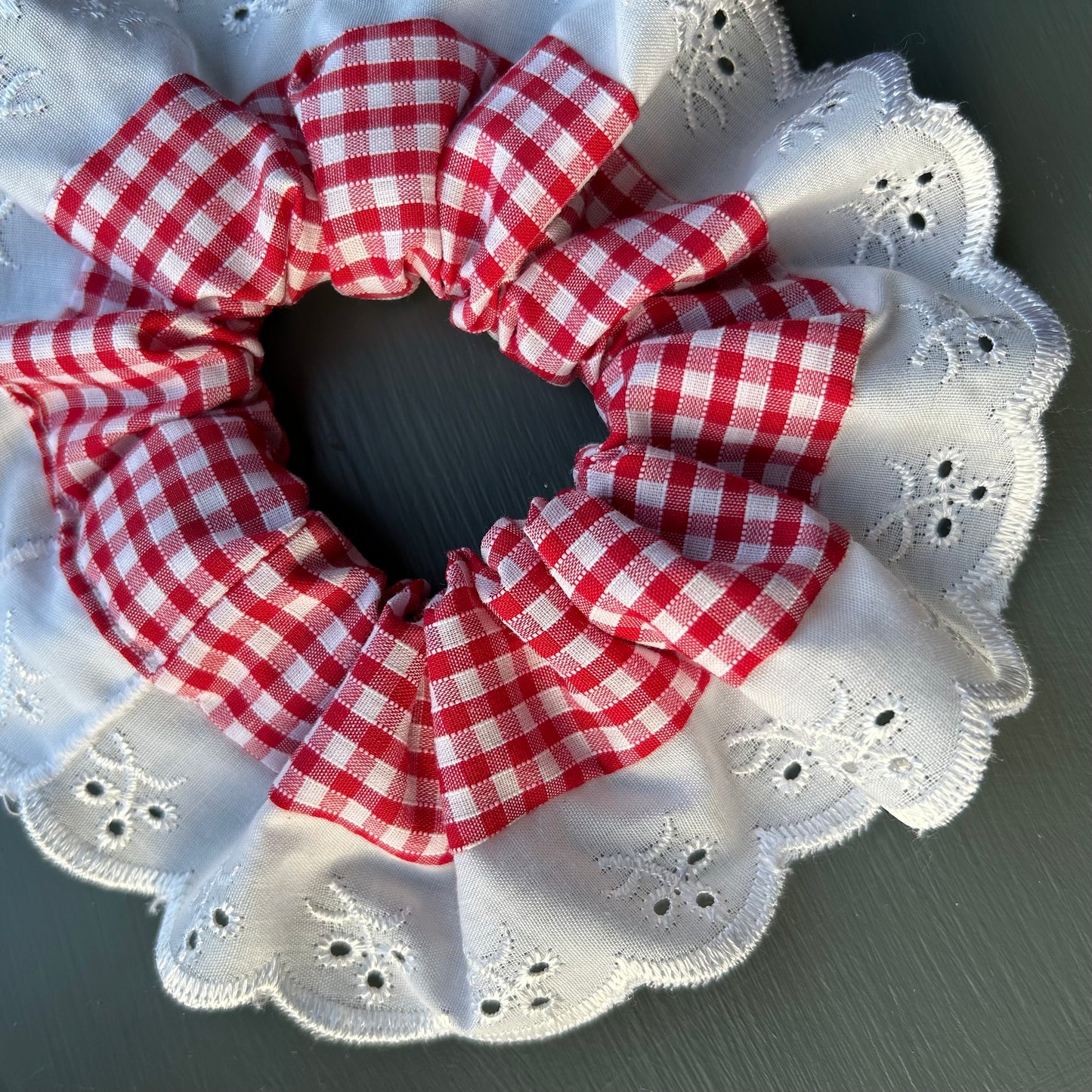 Red Gingham Scrunchie with Broderie Trim