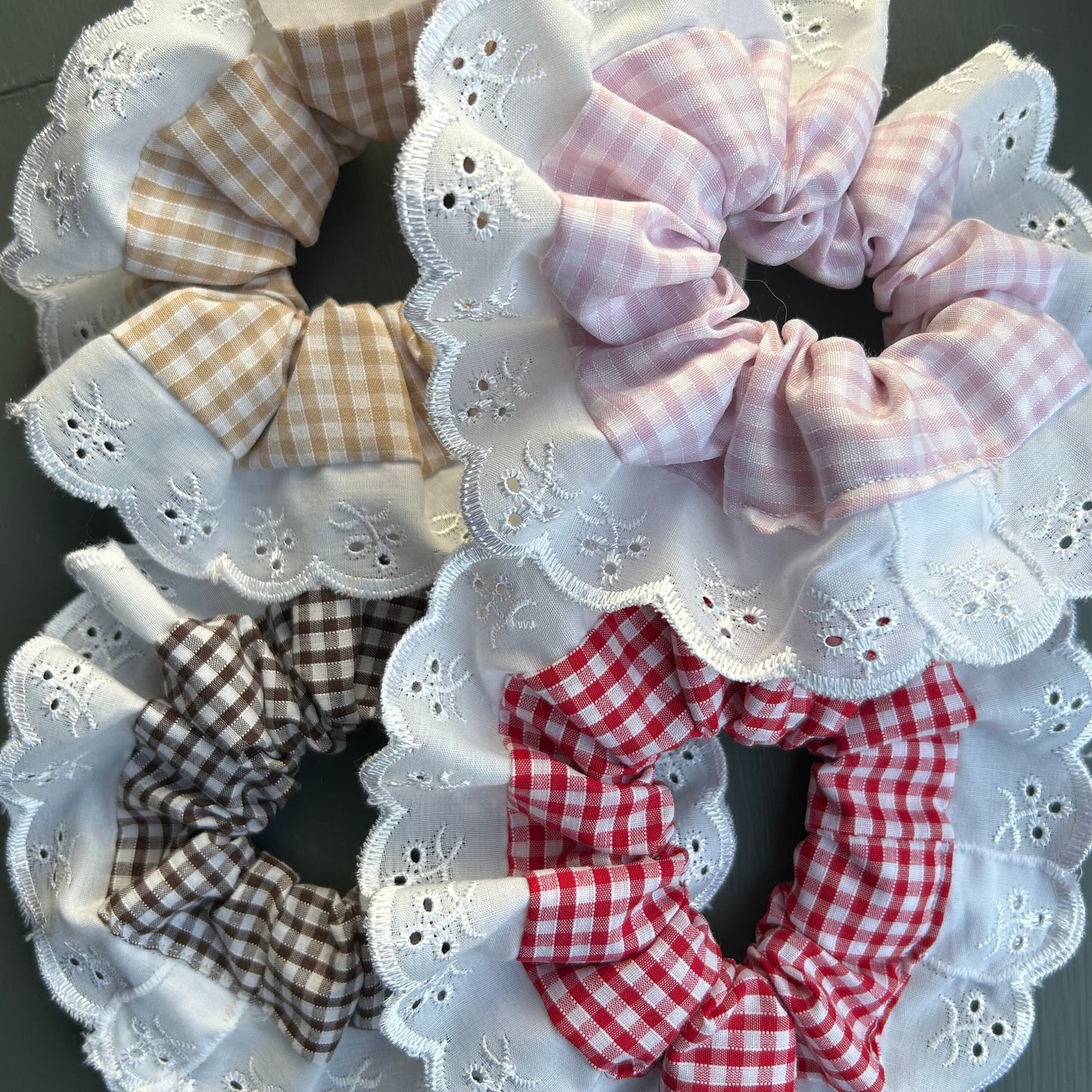 Large Pale Pink Gingham Scrunchie with Broderie Trim